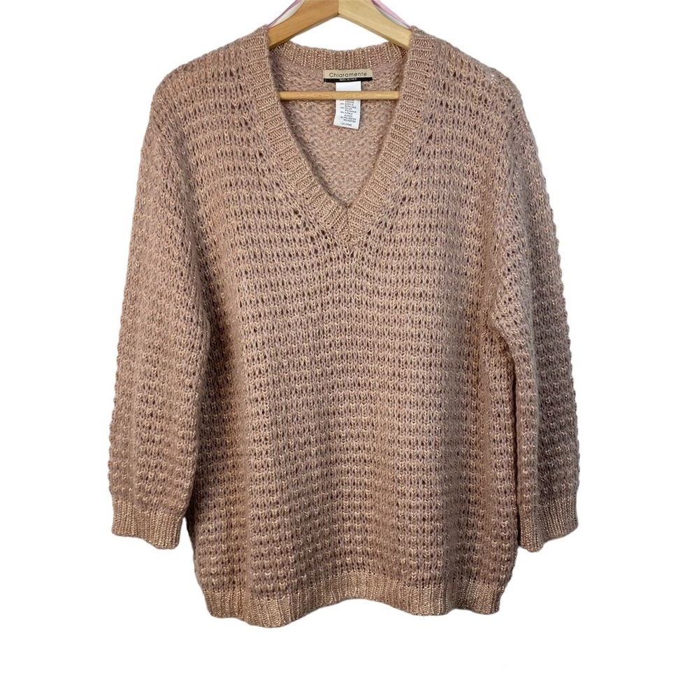 CHIARAMENTE Made in Italy Crochet Knit V-Neck Sweater, Peachy Pink, Size Medium